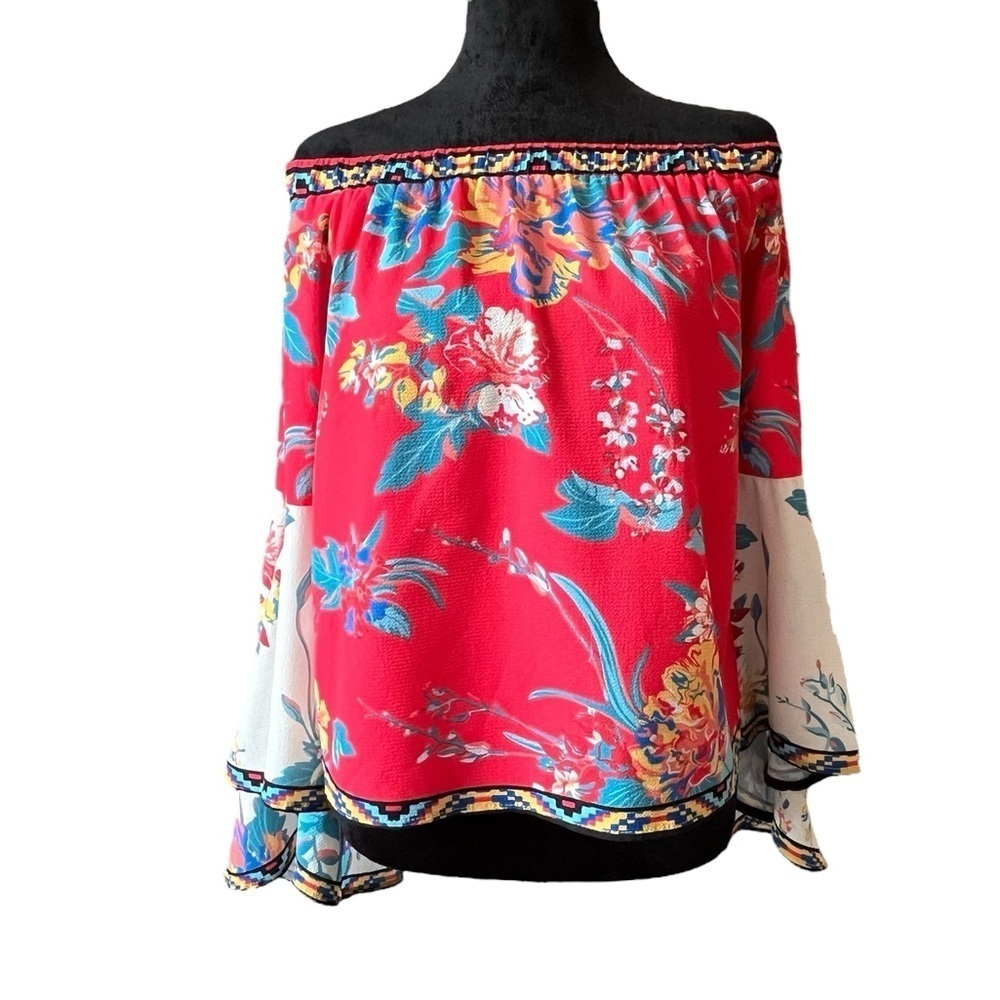 Flying Tomato Women's Red Floral Print Bell Sleeve Off Shoulder Blouse Top